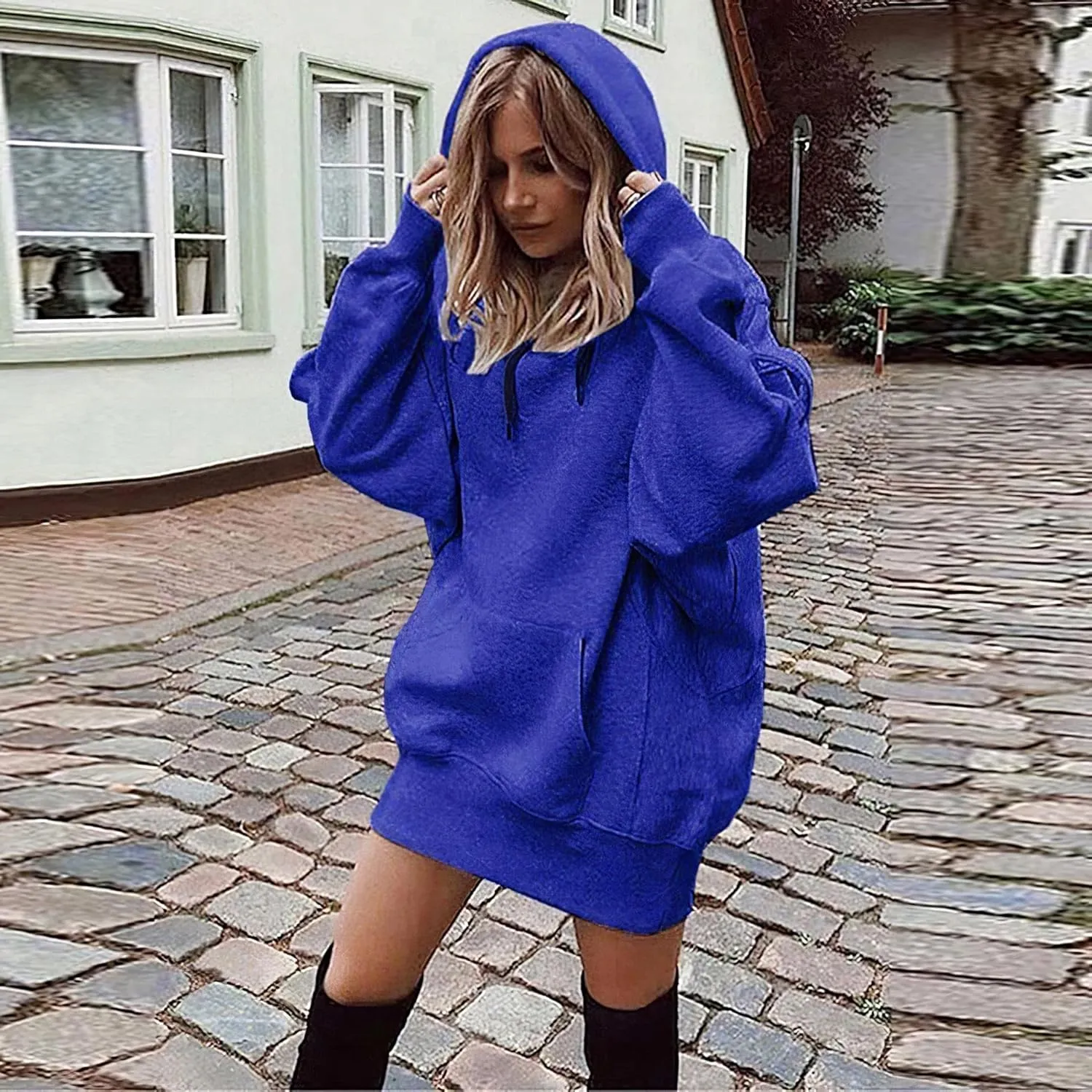 TIAFORD Women's Warmth Fleece Long Sleeve Hoodie Dress Casual Loose Stretch Hem Cuff Oversized Pullover Dresses with Pocket