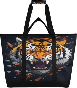 Tigers Black Tote Bag for Women with Zipper Reusable Grocery Bags Foldable Insulated Cooler Bag Handbags Shopping Bags Totes for Groceries Picnic Travel Beach Work