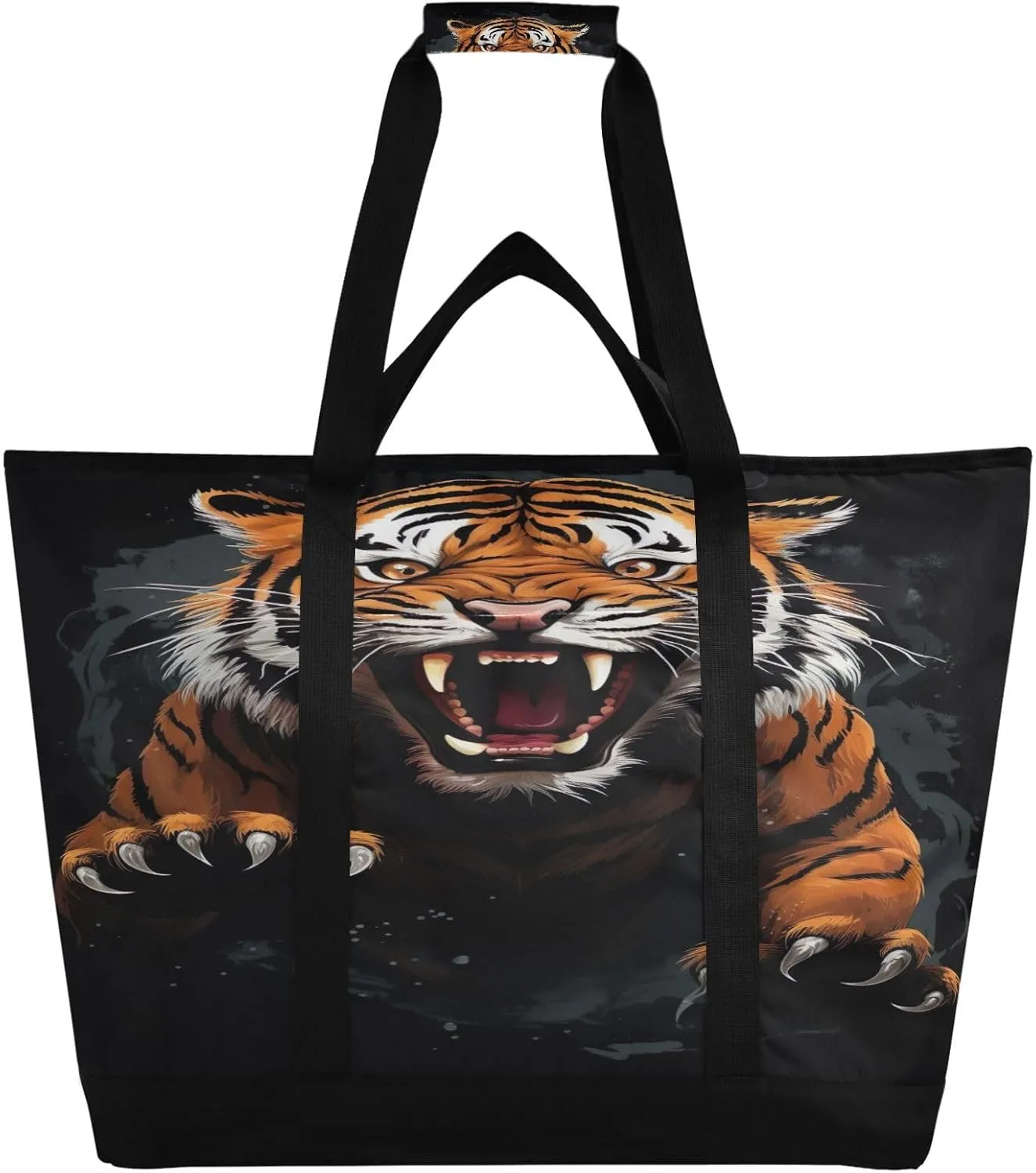 Tigers Black Tote Bag for Women with Zipper Reusable Grocery Bags Foldable Insulated Cooler Bag Handbags Totes Shopping Bags for Groceries Beach Travel Work Picnic