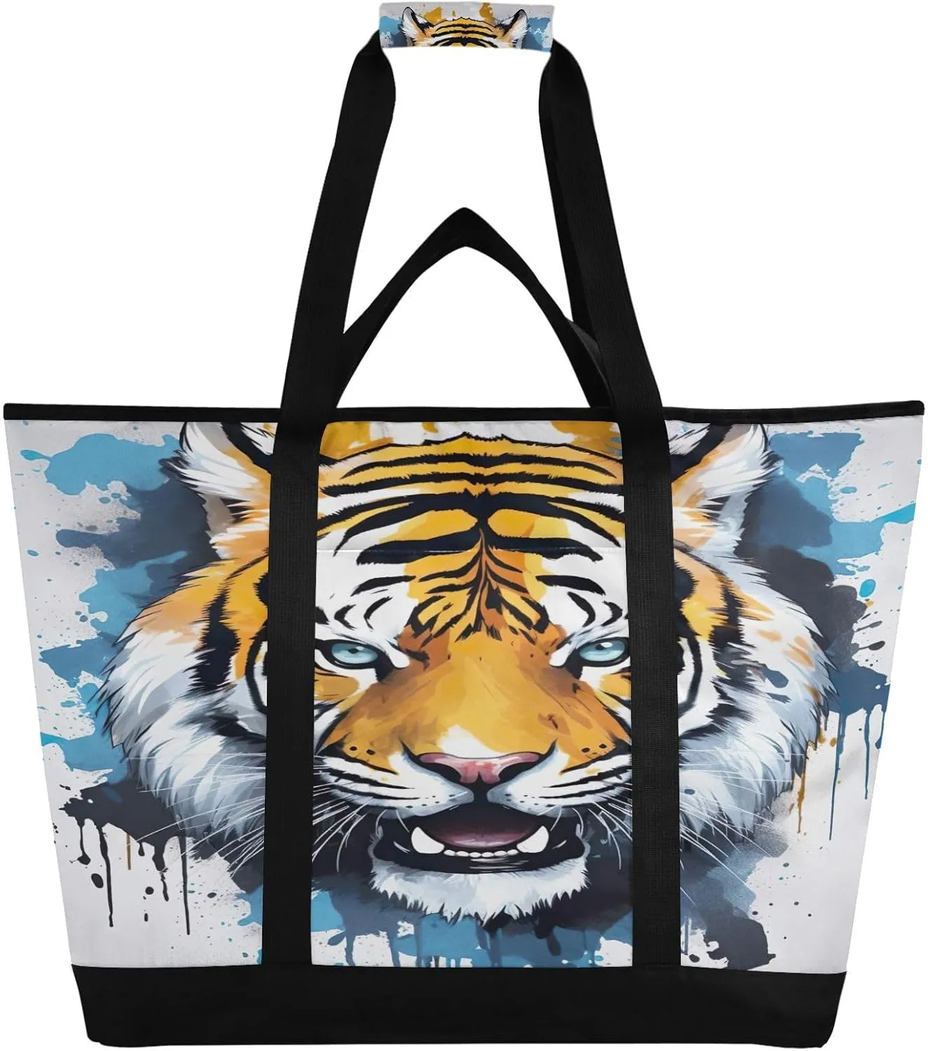 Tigers White Tote Bag for Women with Zipper Reusable Grocery Bags Foldable Insulated Cooler Bag Shopping Bags Totes Handbags for Groceries Picnic Travel Work Beach