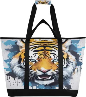 Tigers White Tote Bag for Women with Zipper Reusable Grocery Bags Foldable Insulated Cooler Bag Shopping Bags Totes Handbags for Groceries Picnic Travel Work Beach