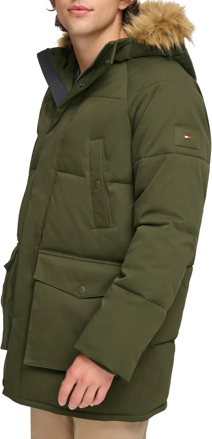 Tommy Hilfiger Men's Arctic Cloth Heavyweight Performance Parka Down Alternative Fur Lined Hood Outerwear Coat