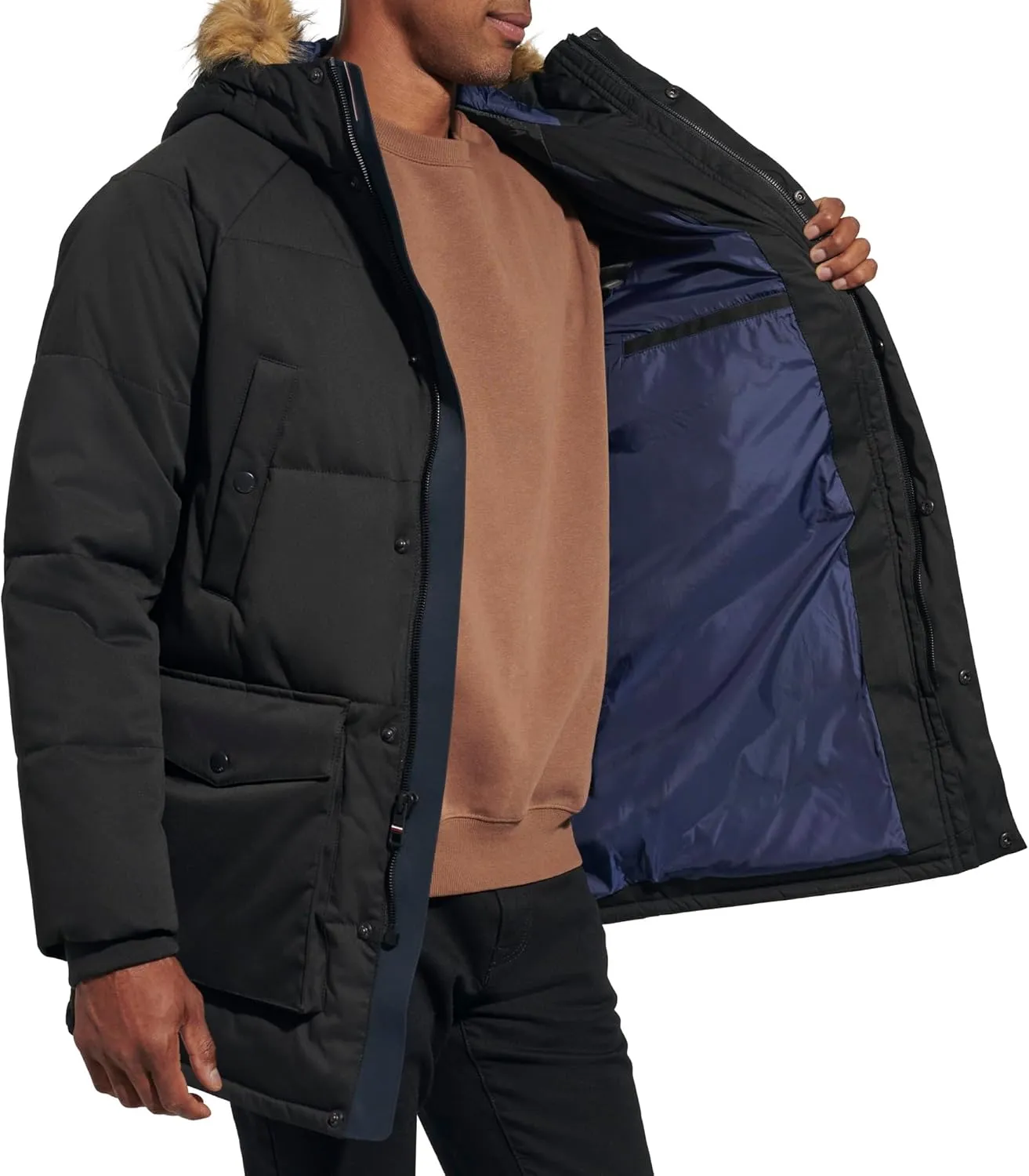 Tommy Hilfiger Men's Arctic Cloth Heavyweight Performance Parka Down Alternative Fur Lined Hood Outerwear Coat