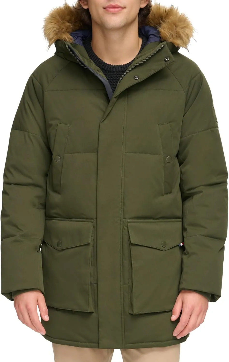 Tommy Hilfiger Men's Arctic Cloth Heavyweight Performance Parka Down Alternative Fur Lined Hood Outerwear Coat