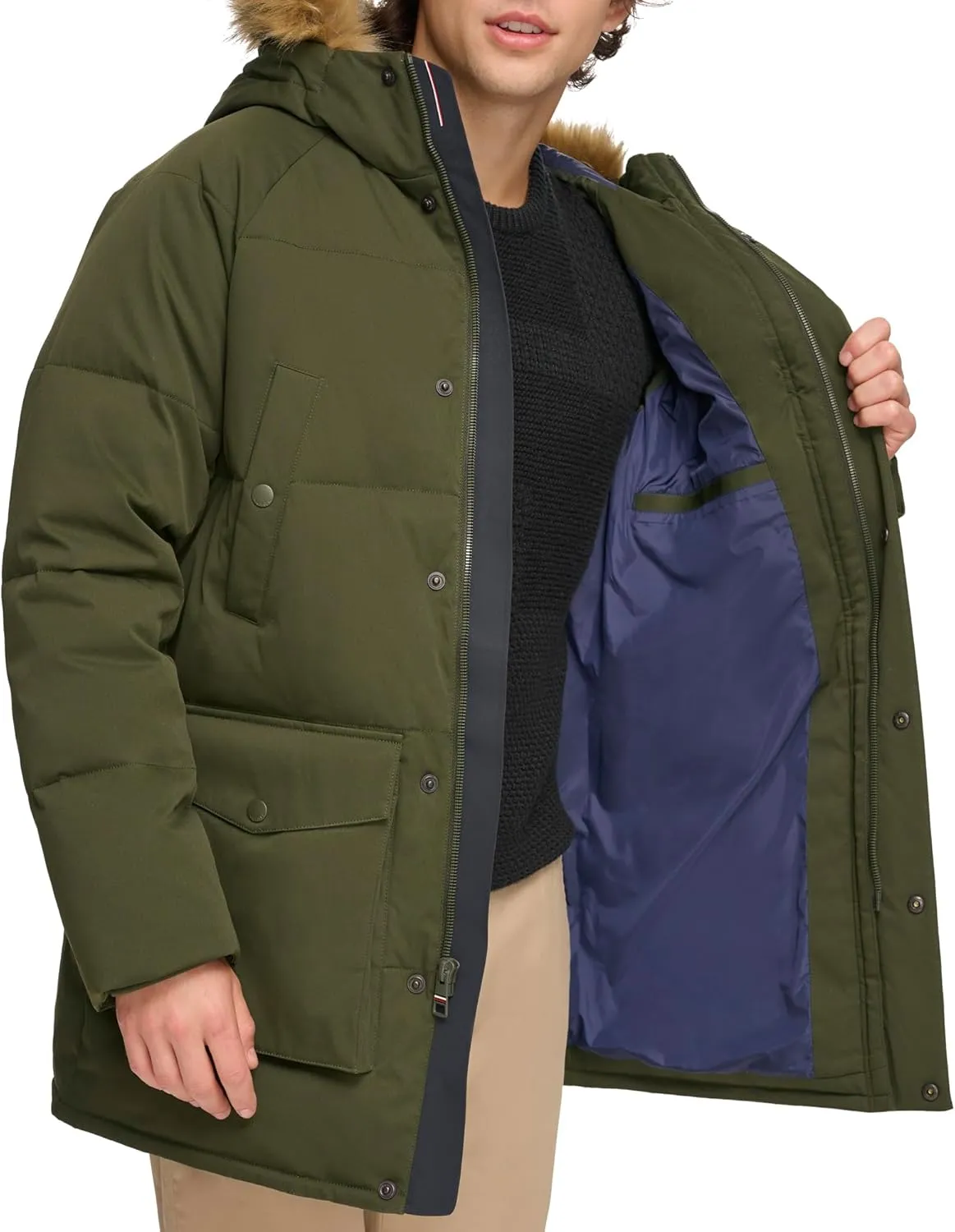 Tommy Hilfiger Men's Arctic Cloth Heavyweight Performance Parka Down Alternative Fur Lined Hood Outerwear Coat