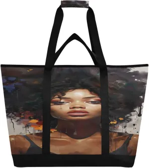 Traditional African Woman Tote Bag for Women with Zipper Reusable Grocery Bags Foldable Insulated Cooler Bag Handbags Totes Shopping Bags for Groceries Picnic Travel Work Beach