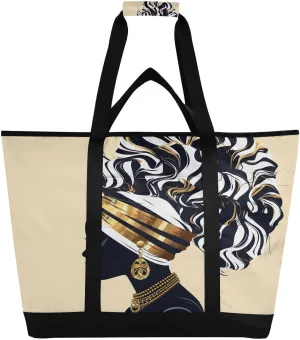 Traditional African Woman Tote Bag for Women with Zipper Reusable Grocery Bags Foldable Insulated Cooler Bag Totes Shopping Bags Handbags for Groceries Picnic Travel Work Beach