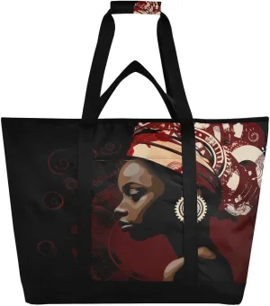 Traditional Black Woman Tote Bag for Women with Zipper Reusable Grocery Bags Foldable Insulated Cooler Bag Totes Handbags Shopping Bags for Groceries Beach Picnic Travel Work
