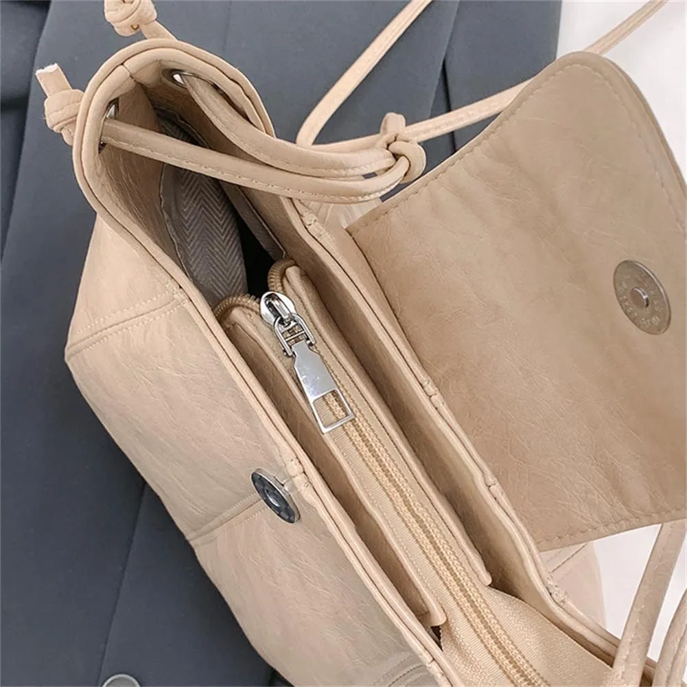 Trendy PU Leather Crossbody Bag Solid Bucket Shoulder Purse Commuting Large Handbag Versatile Satchel