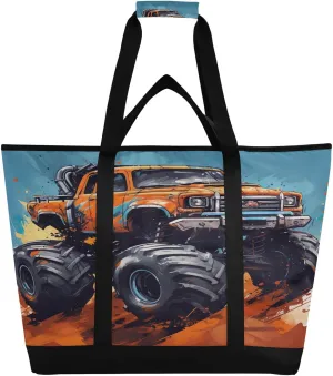 Truck Orange Car Tote Bag for Women with Zipper Reusable Grocery Bags Foldable Insulated Cooler Bag Shopping Bags Totes Handbags for Groceries Work Picnic Travel Beach
