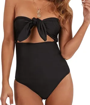 TSWRK Women's Strapless Tie Knot Front Cutout High Cut One Piece Swimsuit