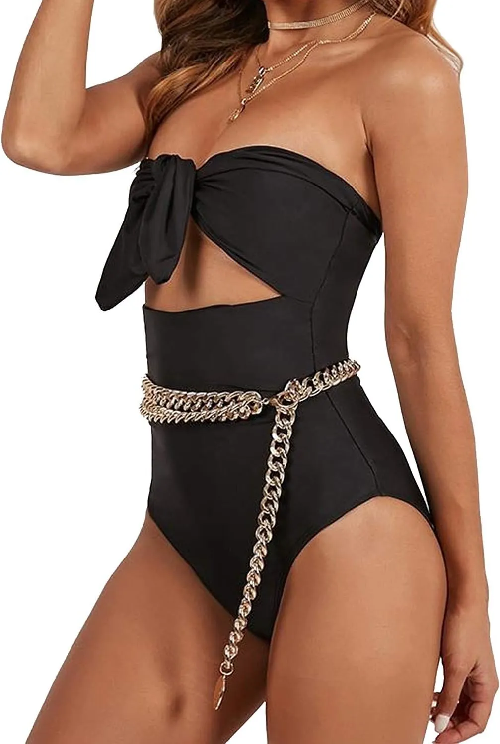 TSWRK Women's Strapless Tie Knot Front Cutout High Cut One Piece Swimsuit