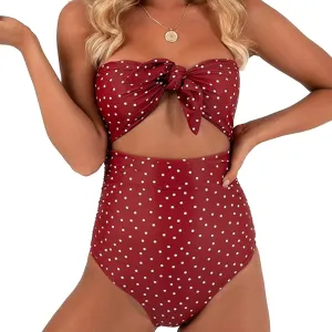TSWRK Women's Strapless Tie Knot Front Cutout High Cut One Piece Swimsuit