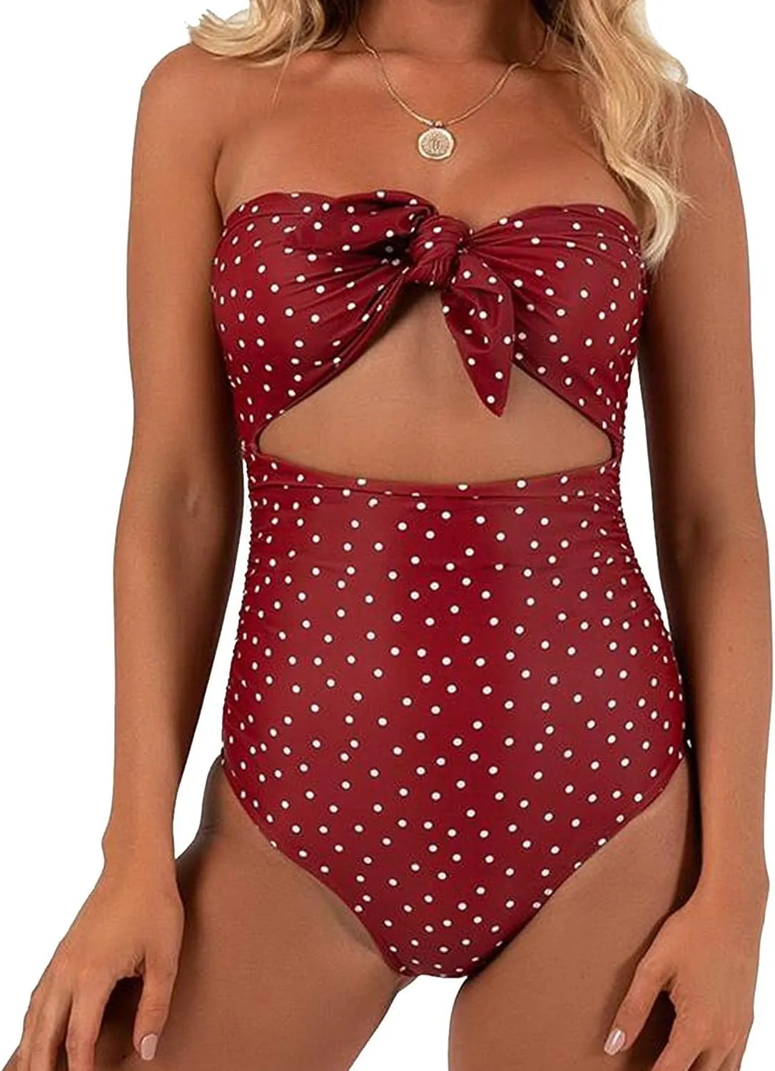 TSWRK Women's Strapless Tie Knot Front Cutout High Cut One Piece Swimsuit