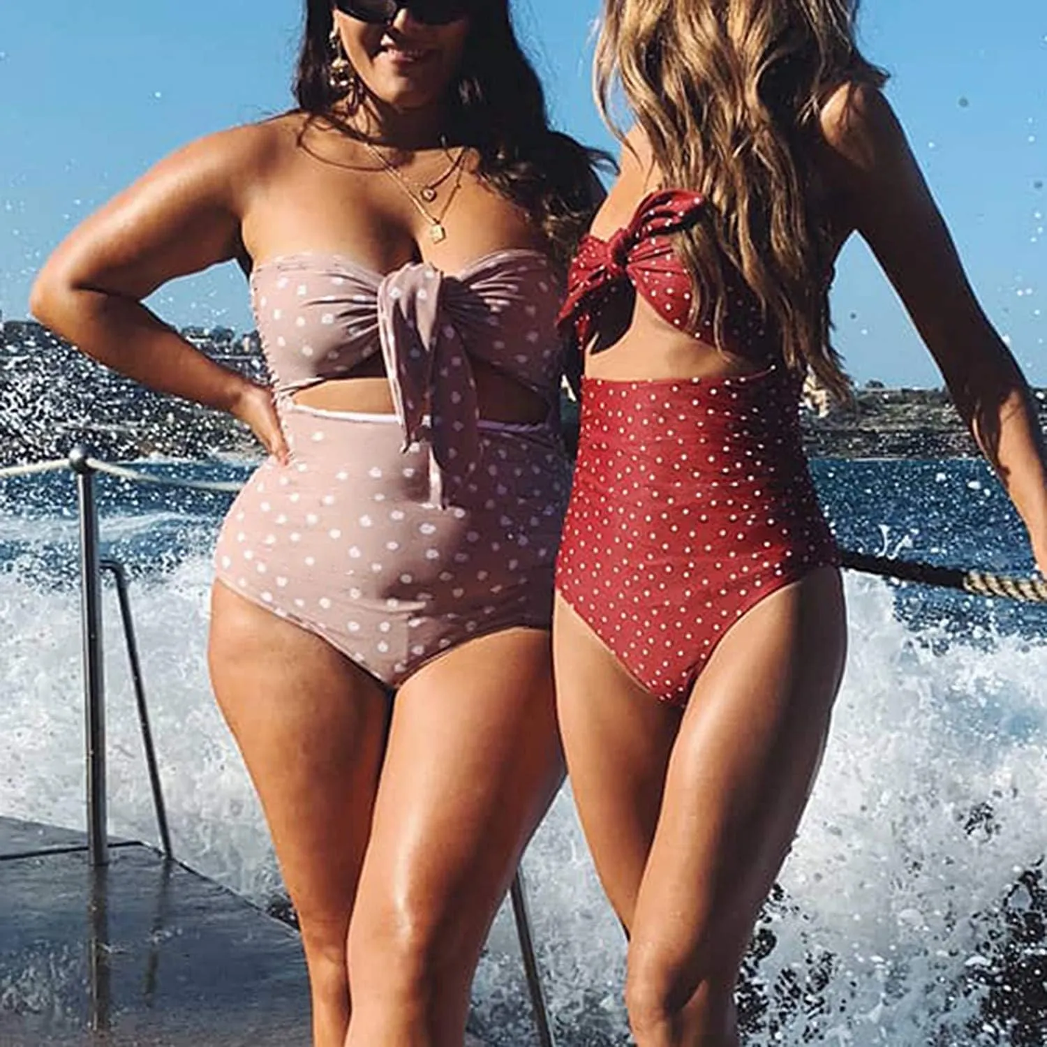 TSWRK Women's Strapless Tie Knot Front Cutout High Cut One Piece Swimsuit