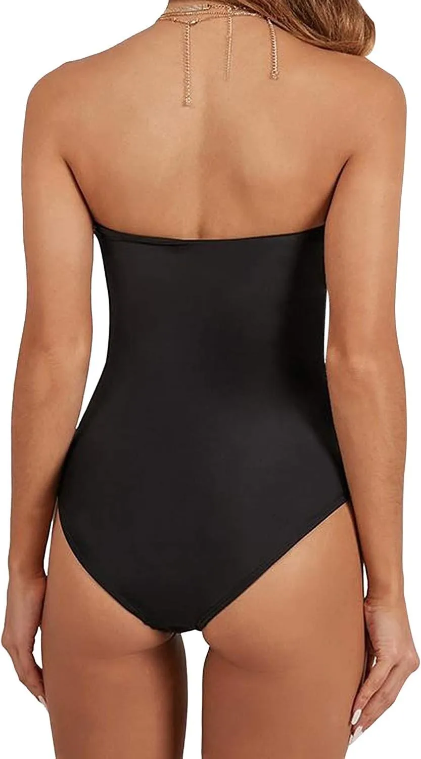 TSWRK Women's Strapless Tie Knot Front Cutout High Cut One Piece Swimsuit
