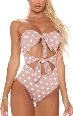 TSWRK Women's Strapless Tie Knot Front Cutout High Cut One Piece Swimsuit