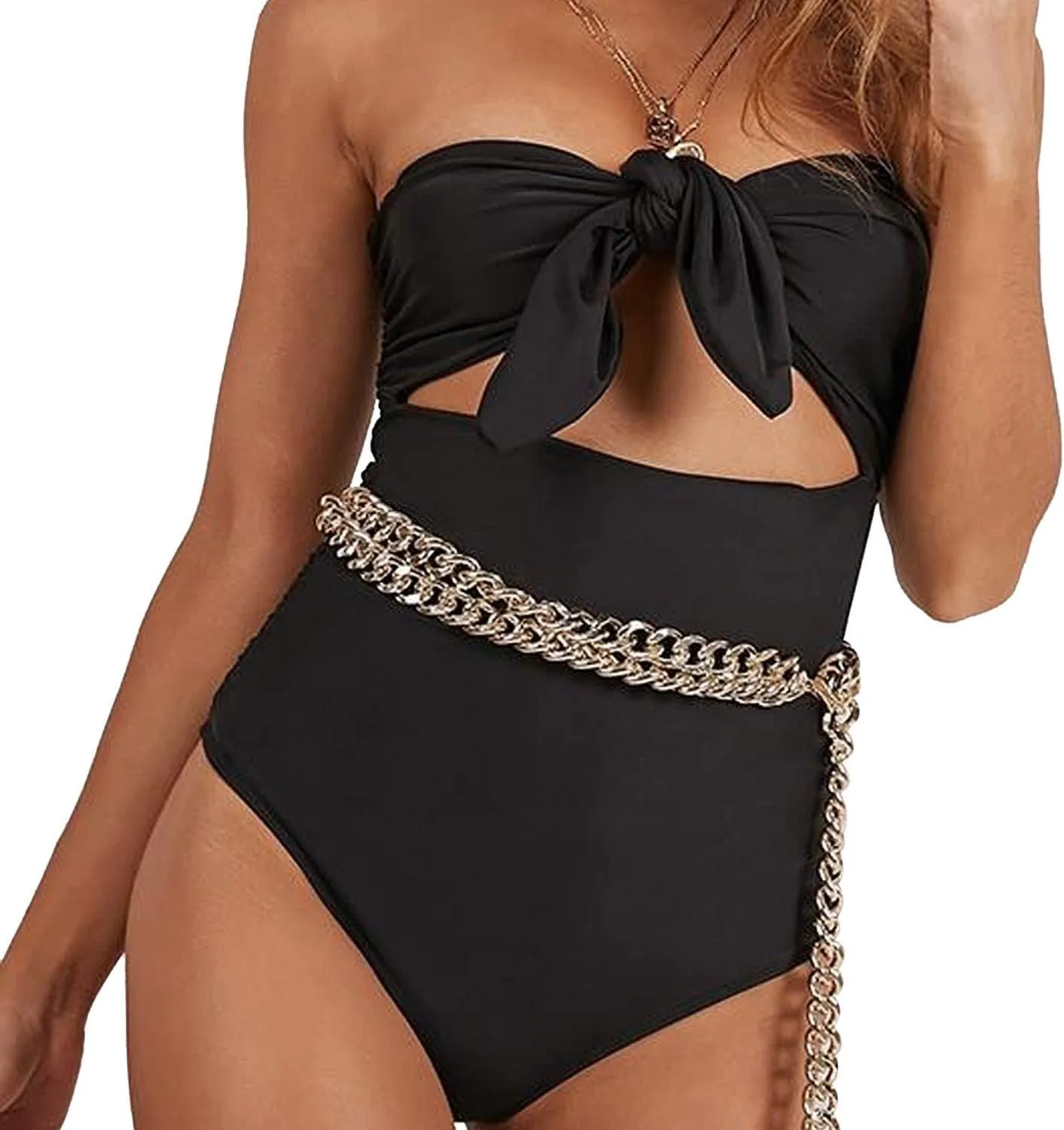 TSWRK Women's Strapless Tie Knot Front Cutout High Cut One Piece Swimsuit