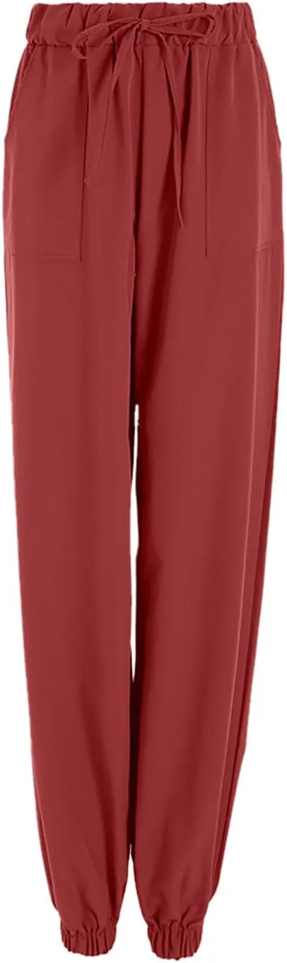 tuduoms Fashion Linen Joggers Women's Relax Fit Loose Harem Pants High Waist Balloon Capri Pants Wide Leg Casual Long Pants