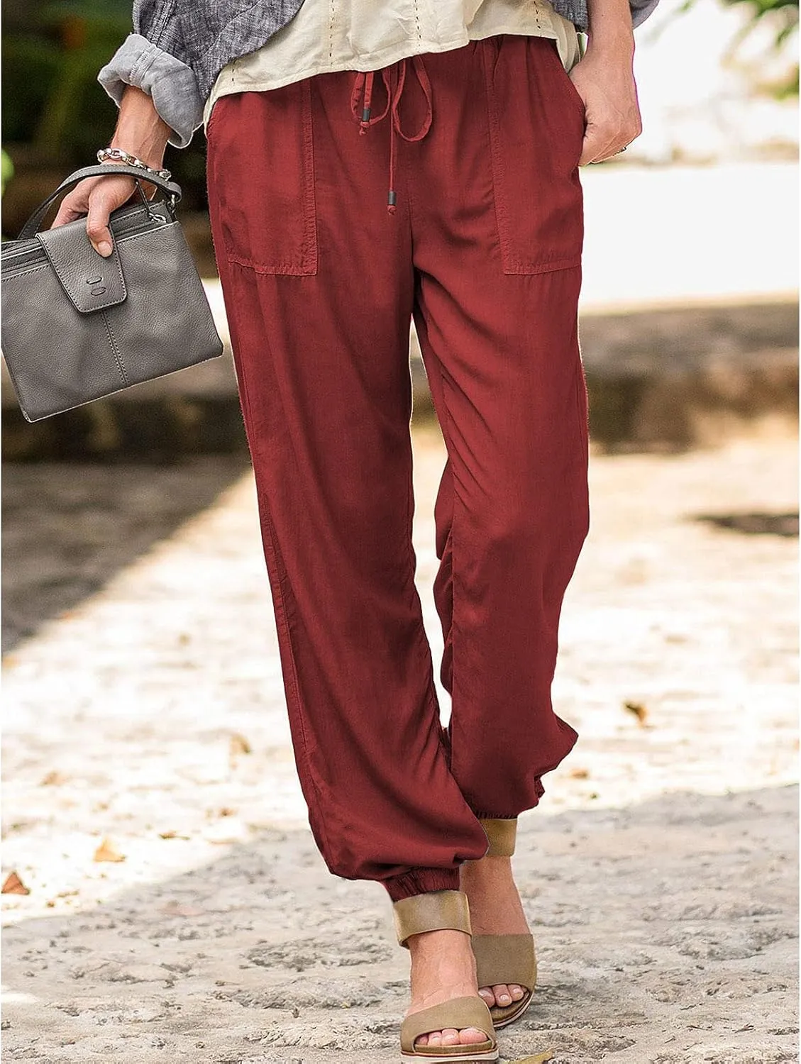 tuduoms Fashion Linen Joggers Women's Relax Fit Loose Harem Pants High Waist Balloon Capri Pants Wide Leg Casual Long Pants