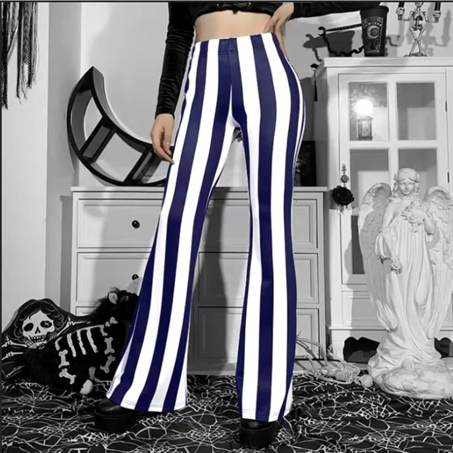 tuduoms Women's Bootcut Palazzo Pants Striped High Waisted Slacks Wide Leg Flare Pants Stretch Bell Bottom Yoga Trousers