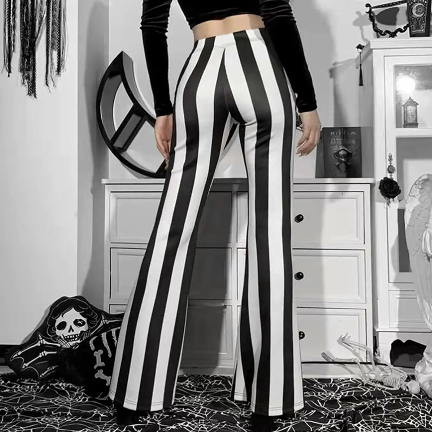 tuduoms Women's Bootcut Palazzo Pants Striped High Waisted Slacks Wide Leg Flare Pants Stretch Bell Bottom Yoga Trousers