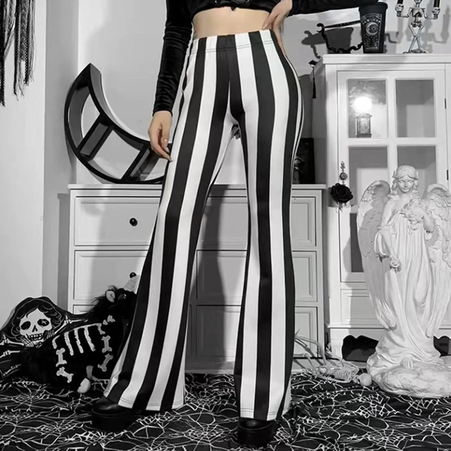 tuduoms Women's Bootcut Palazzo Pants Striped High Waisted Slacks Wide Leg Flare Pants Stretch Bell Bottom Yoga Trousers
