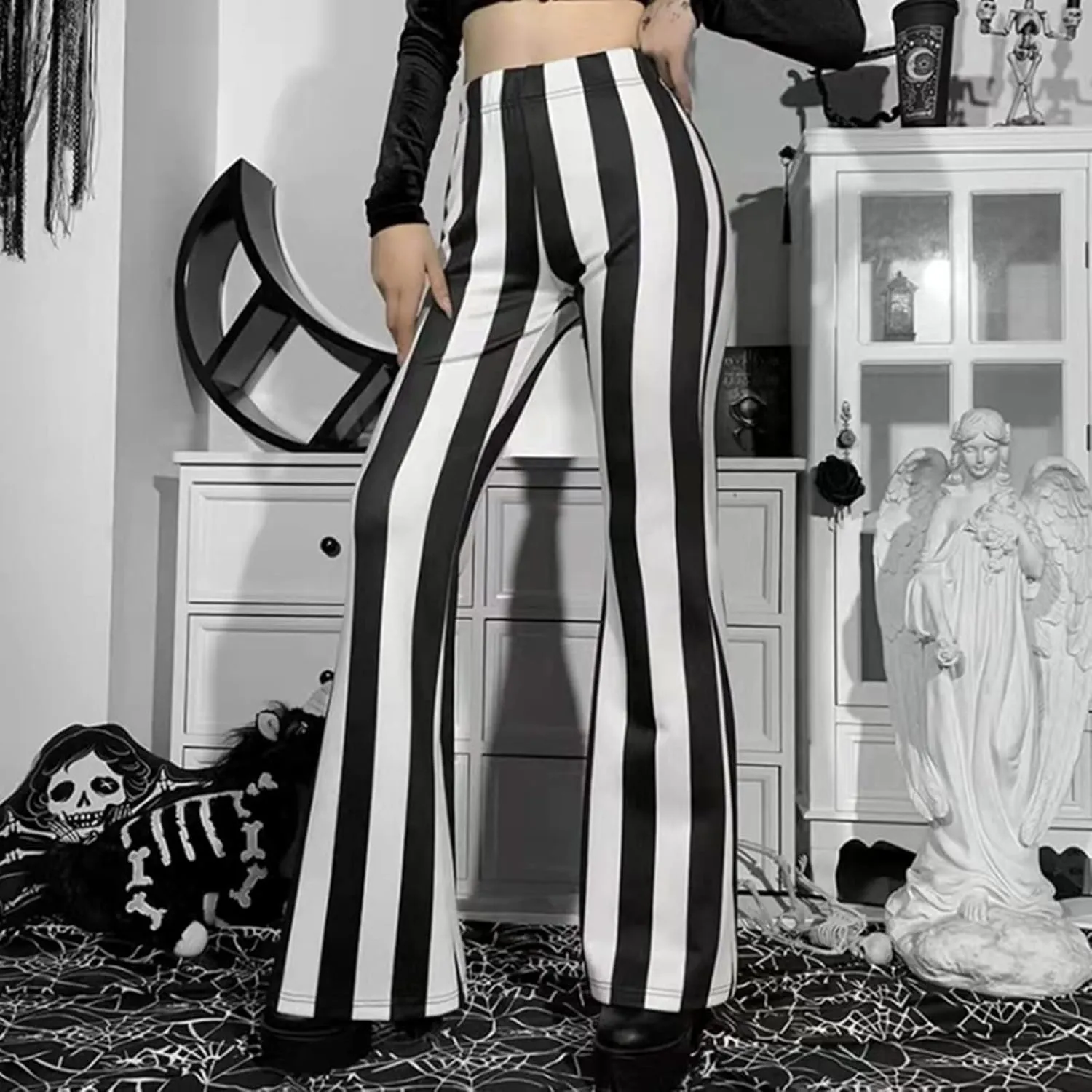 tuduoms Women's Bootcut Palazzo Pants Striped High Waisted Slacks Wide Leg Flare Pants Stretch Bell Bottom Yoga Trousers