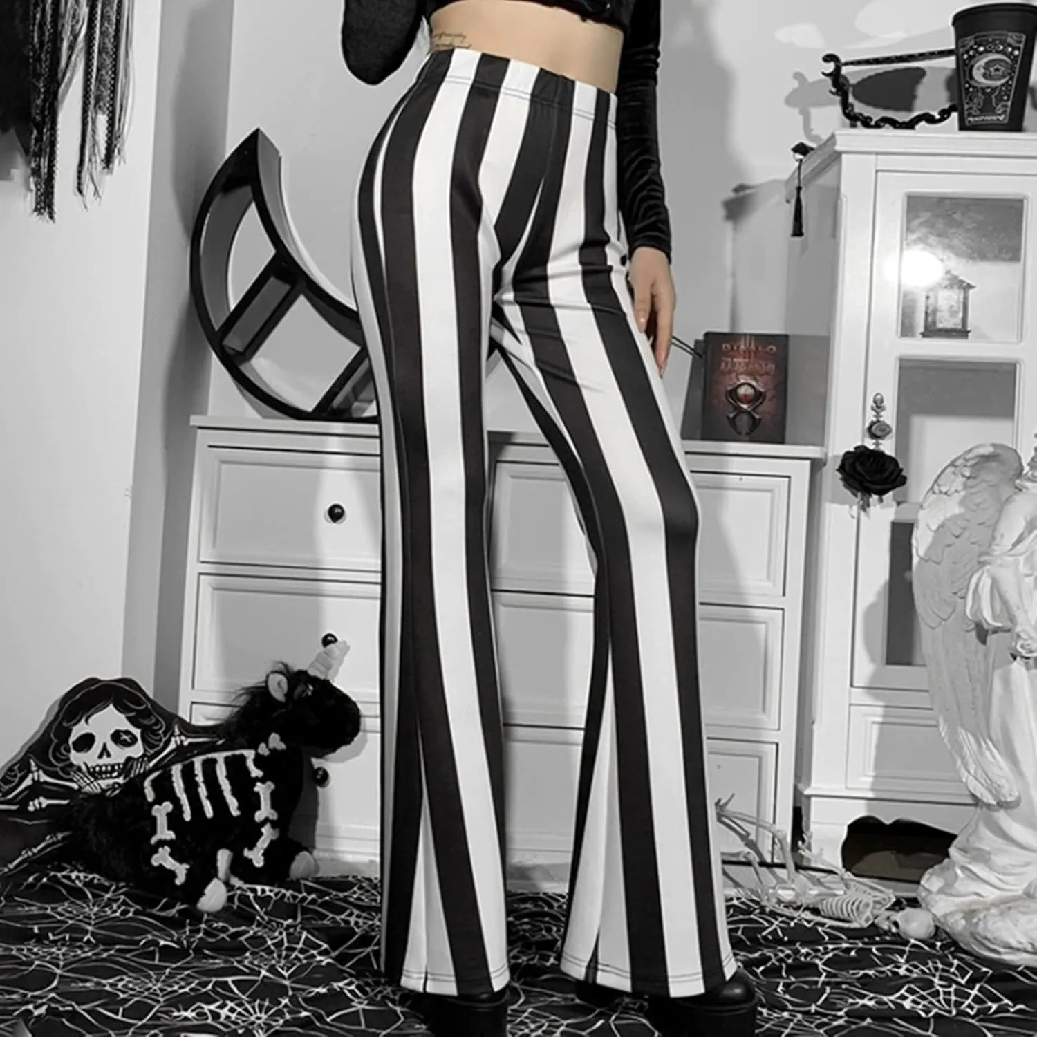 tuduoms Women's Bootcut Palazzo Pants Striped High Waisted Slacks Wide Leg Flare Pants Stretch Bell Bottom Yoga Trousers