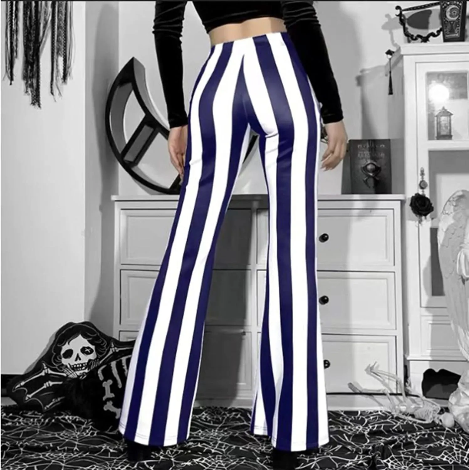 tuduoms Women's Bootcut Palazzo Pants Striped High Waisted Slacks Wide Leg Flare Pants Stretch Bell Bottom Yoga Trousers