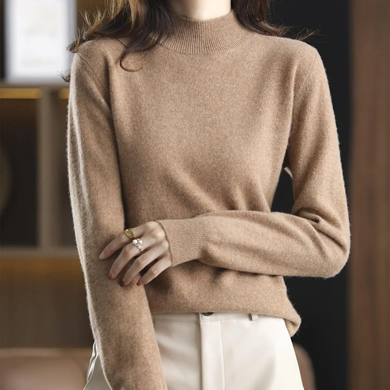 Turtleneck Long Sleeve Shirts Sweater Women's Autumn and Winter Short Pullover Solid Color Loose Sweater Thickened