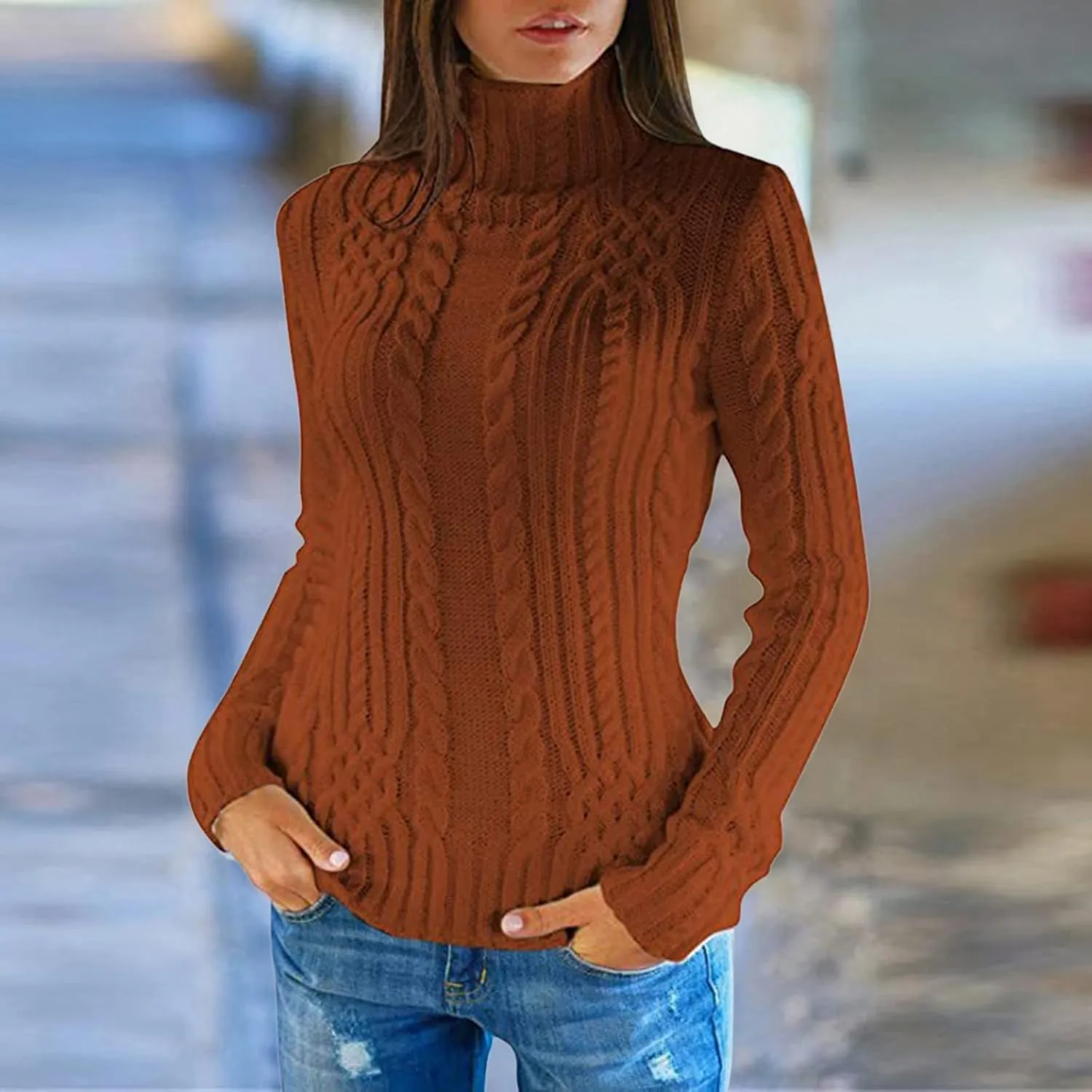 Turtleneck Long Sleeve Shirts Sweater Women's Autumn and Winter Short Pullover Solid Color Loose Sweater Thickened