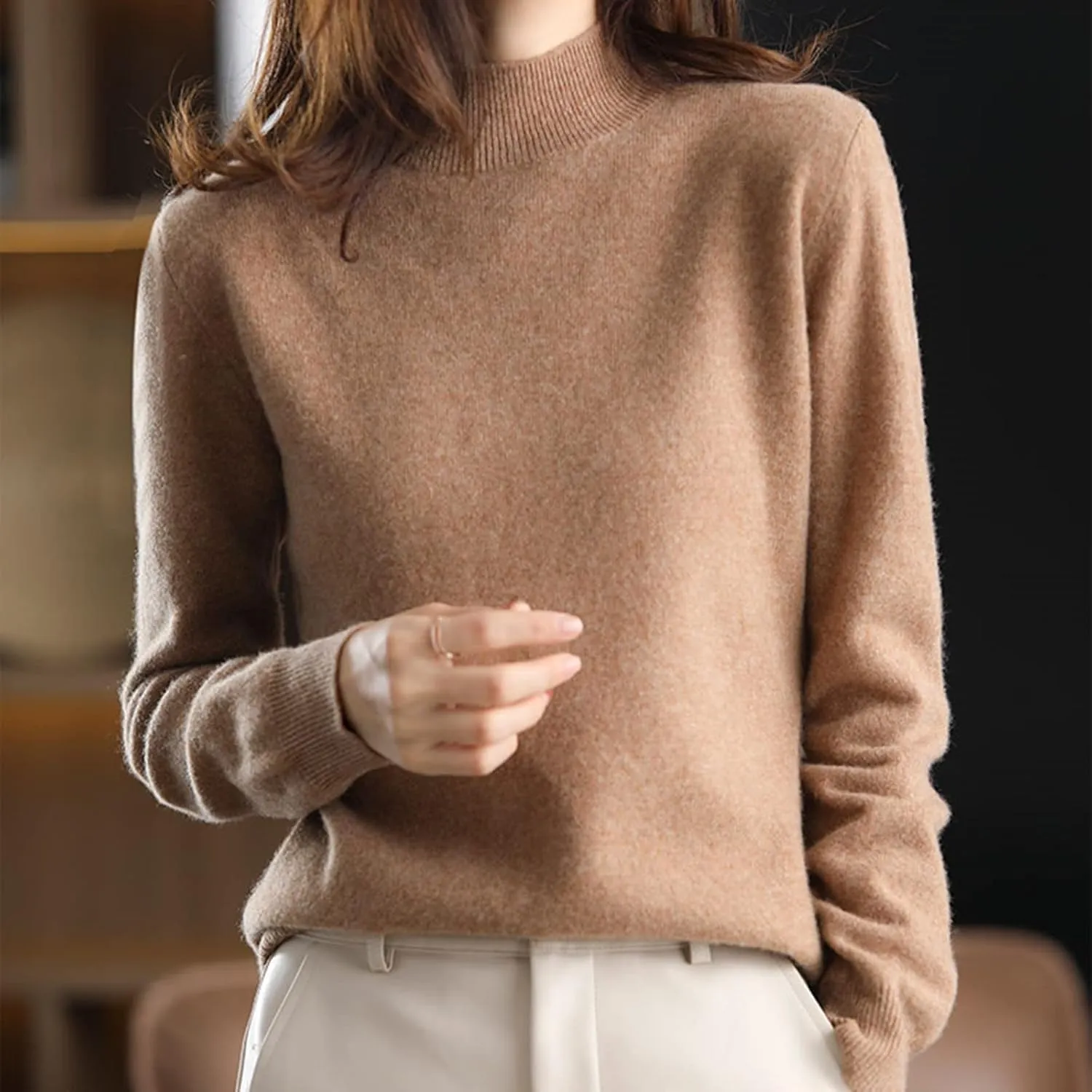 Turtleneck Long Sleeve Shirts Sweater Women's Autumn and Winter Short Pullover Solid Color Loose Sweater Thickened
