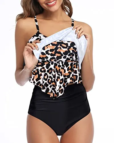 Two Piece Bathing Suit Tummy Control Tankini Swimsuits For Women-Black And Leopard