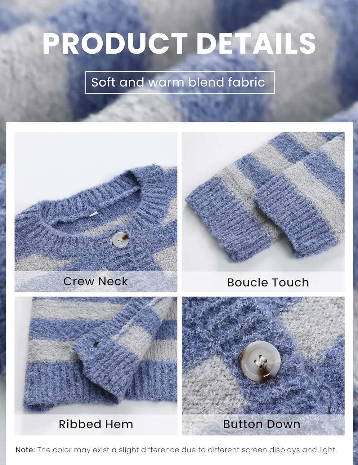 UANEO Women's Striped Cardigan Sweaters Trendy Boucle Button Down Long Sleeve Tops Crewneck Casual Knit Jackets