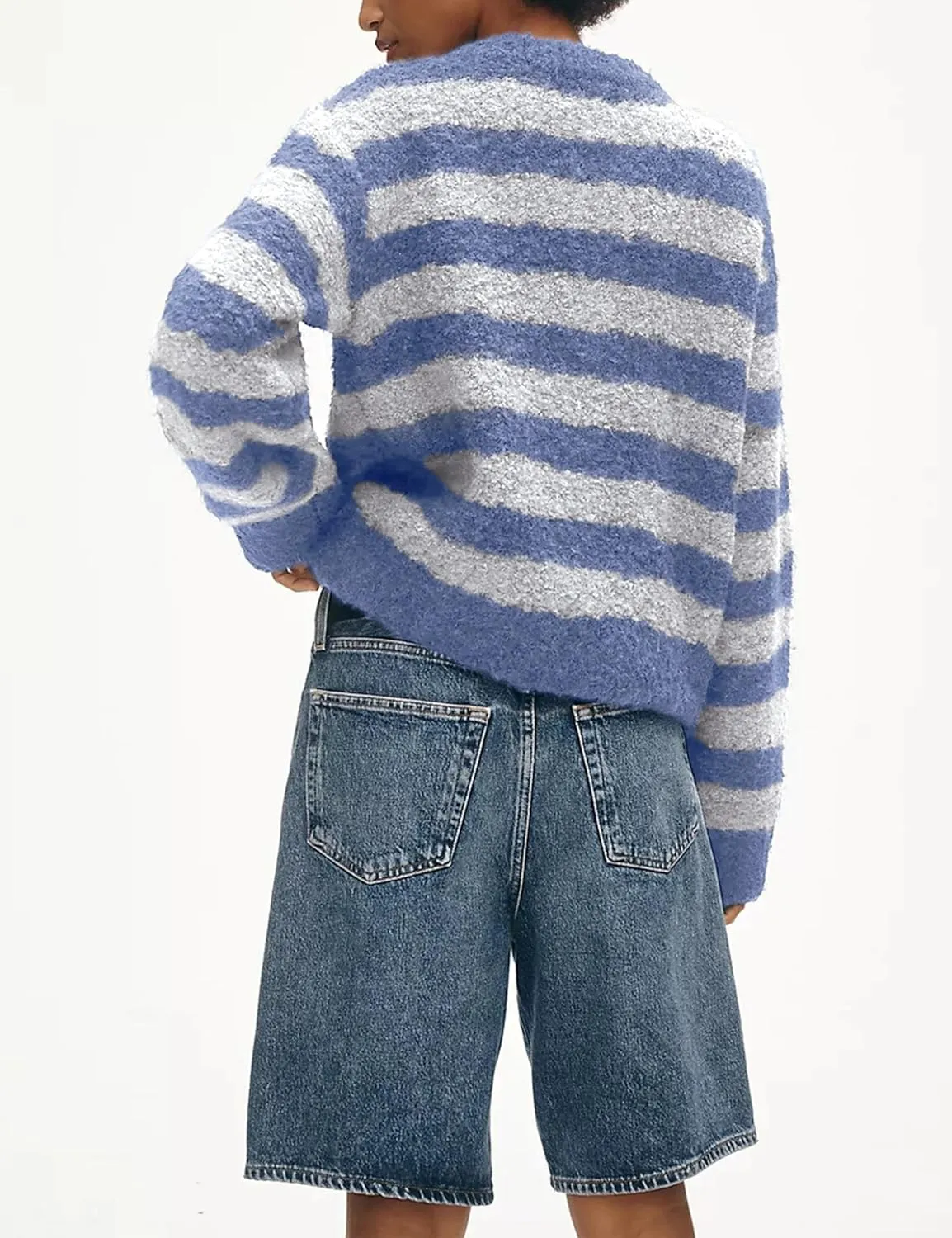 UANEO Women's Striped Cardigan Sweaters Trendy Boucle Button Down Long Sleeve Tops Crewneck Casual Knit Jackets