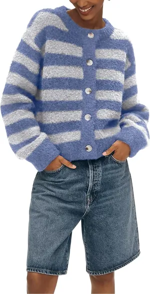 UANEO Women's Striped Cardigan Sweaters Trendy Boucle Button Down Long Sleeve Tops Crewneck Casual Knit Jackets