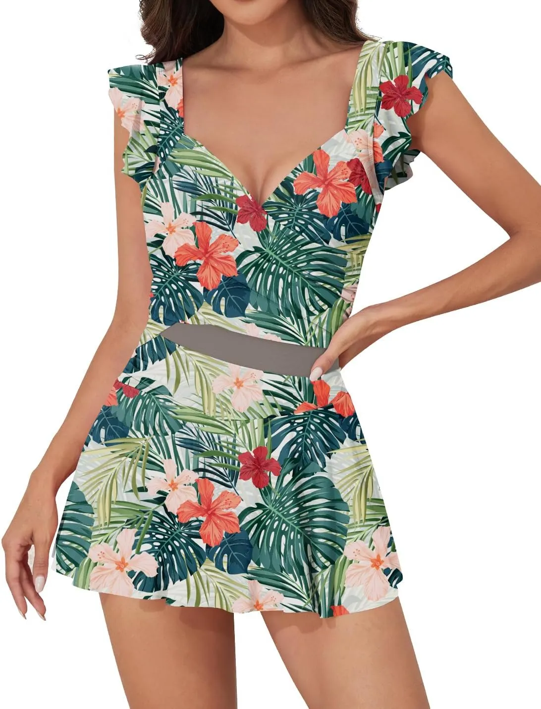 Upopby Women's Ruffle One Piece Swimdress Swimsuits for Women Tummy Control Swim Dress Slimming Mesh Skirted Bathing Suits