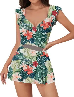 Upopby Women's Ruffle One Piece Swimdress Swimsuits for Women Tummy Control Swim Dress Slimming Mesh Skirted Bathing Suits