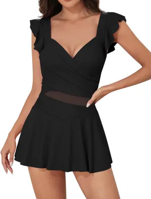 Upopby Women's Ruffle One Piece Swimdress Swimsuits for Women Tummy Control Swim Dress Slimming Mesh Skirted Bathing Suits
