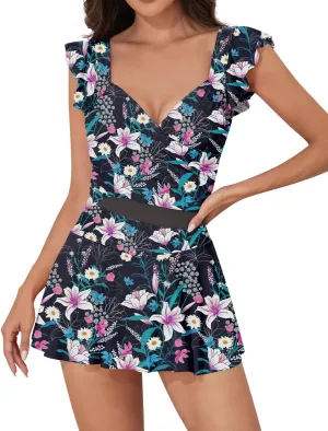Upopby Women's Ruffle One Piece Swimdress Swimsuits for Women Tummy Control Swim Dress Slimming Mesh Skirted Bathing Suits