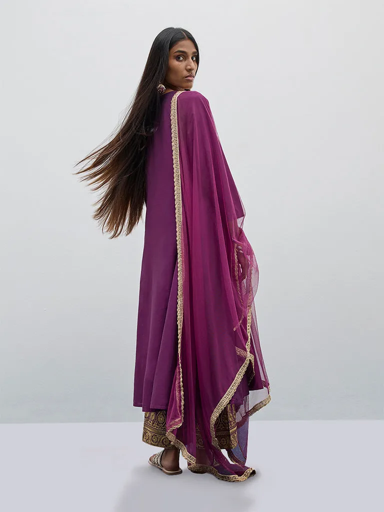 Vark Purple Solid A-Line Kurta, Pants and Dupatta Set