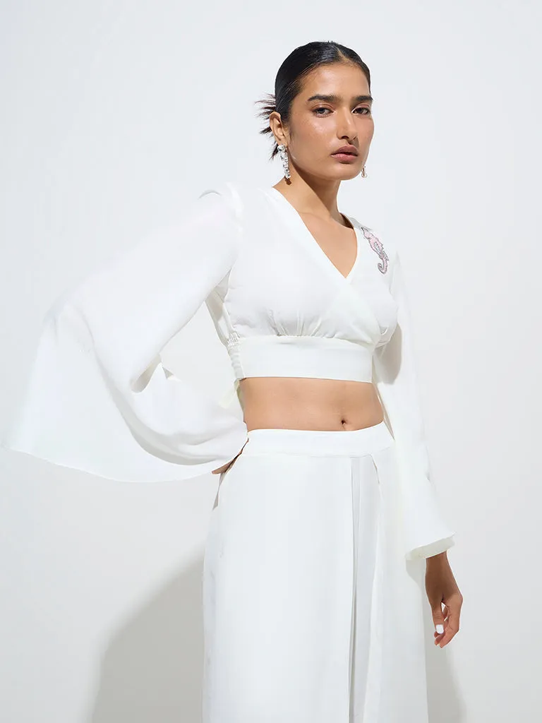 Vark White Embellished Cropped Blouse
