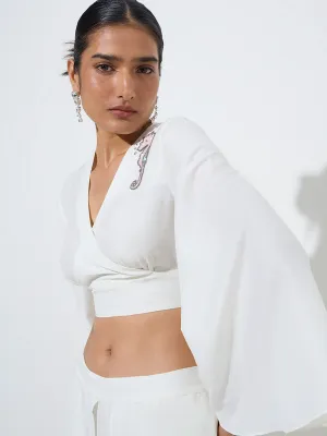 Vark White Embellished Cropped Blouse