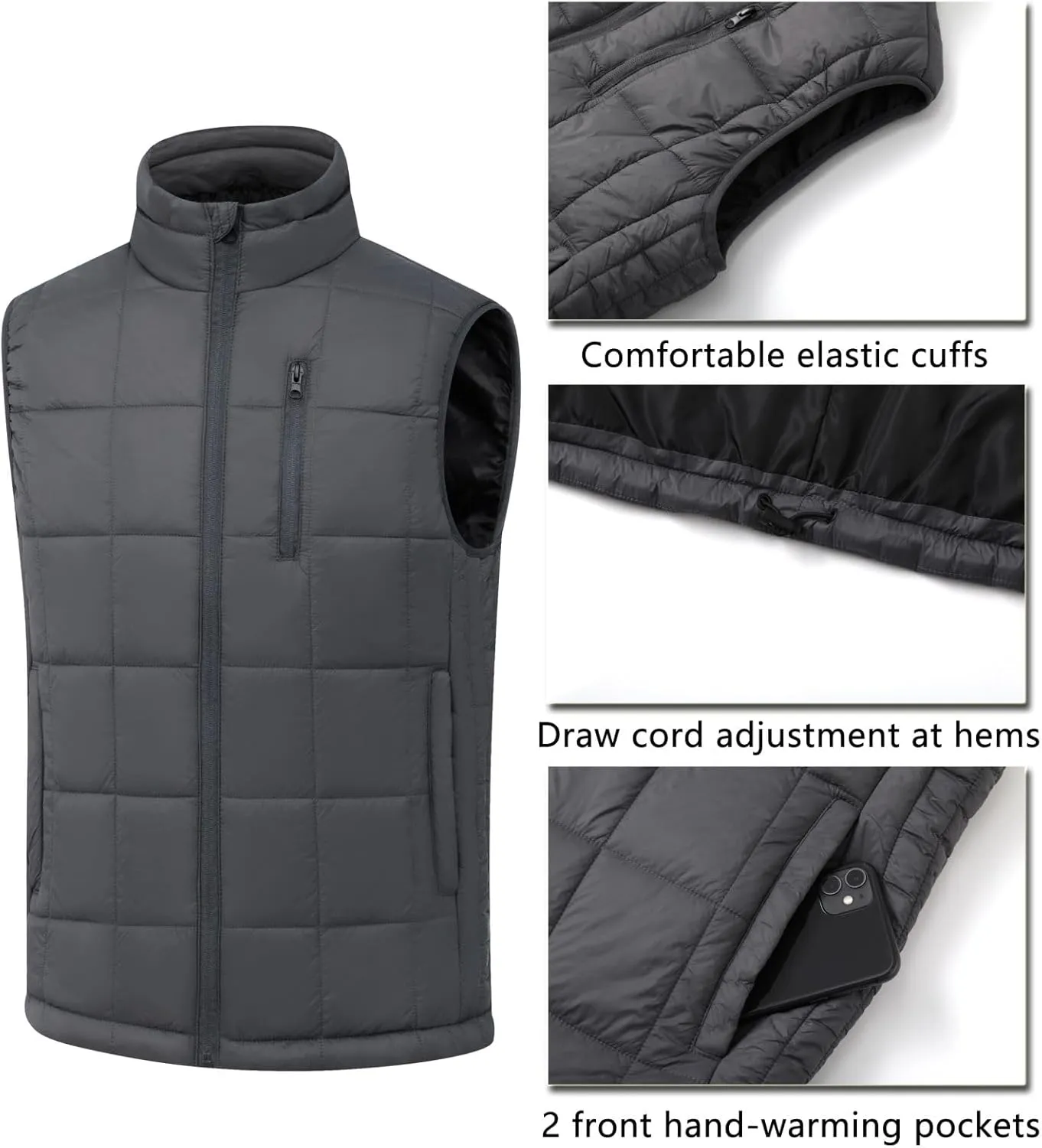 Vcansion Men's Outdoor Quilted Puffer Vest Stand Collar Lightweight Down Sleeveless Jacket Padded Vest