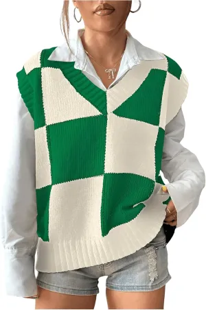 Verdusa Women's Checkered Knit Sweater Vest Loose V Neck Knit Plaid Vest Top