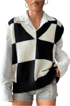 Verdusa Women's Checkered Knit Sweater Vest Loose V Neck Knit Plaid Vest Top