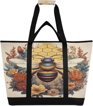 Vintage Colorful Bee Tote Bag for Women with Zipper Reusable Grocery Bags Foldable Insulated Cooler Bag Totes Handbags Shopping Bags for Groceries Beach Travel Work Picnic