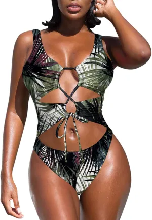 Viottiset Women's Cutout High Cut One Piece Cheeky Lace Up Swimsuit Bikini