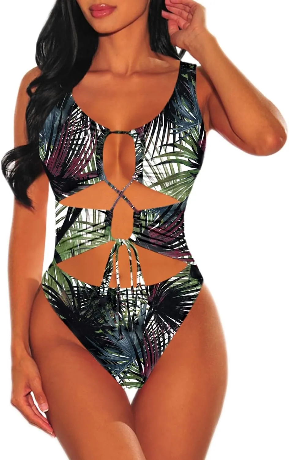 Viottiset Women's Cutout High Cut One Piece Cheeky Lace Up Swimsuit Bikini